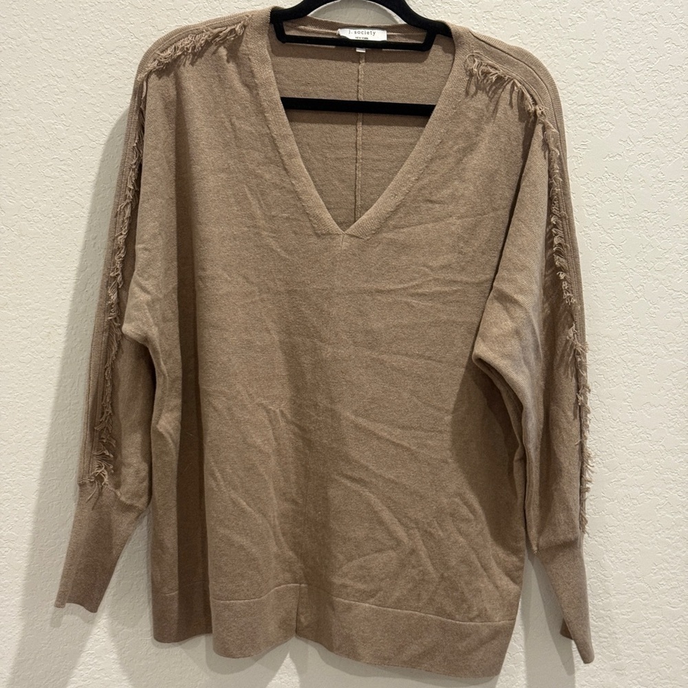 J-Society Tan V-Neck Knit Fringes Sweater‎ Classic Style